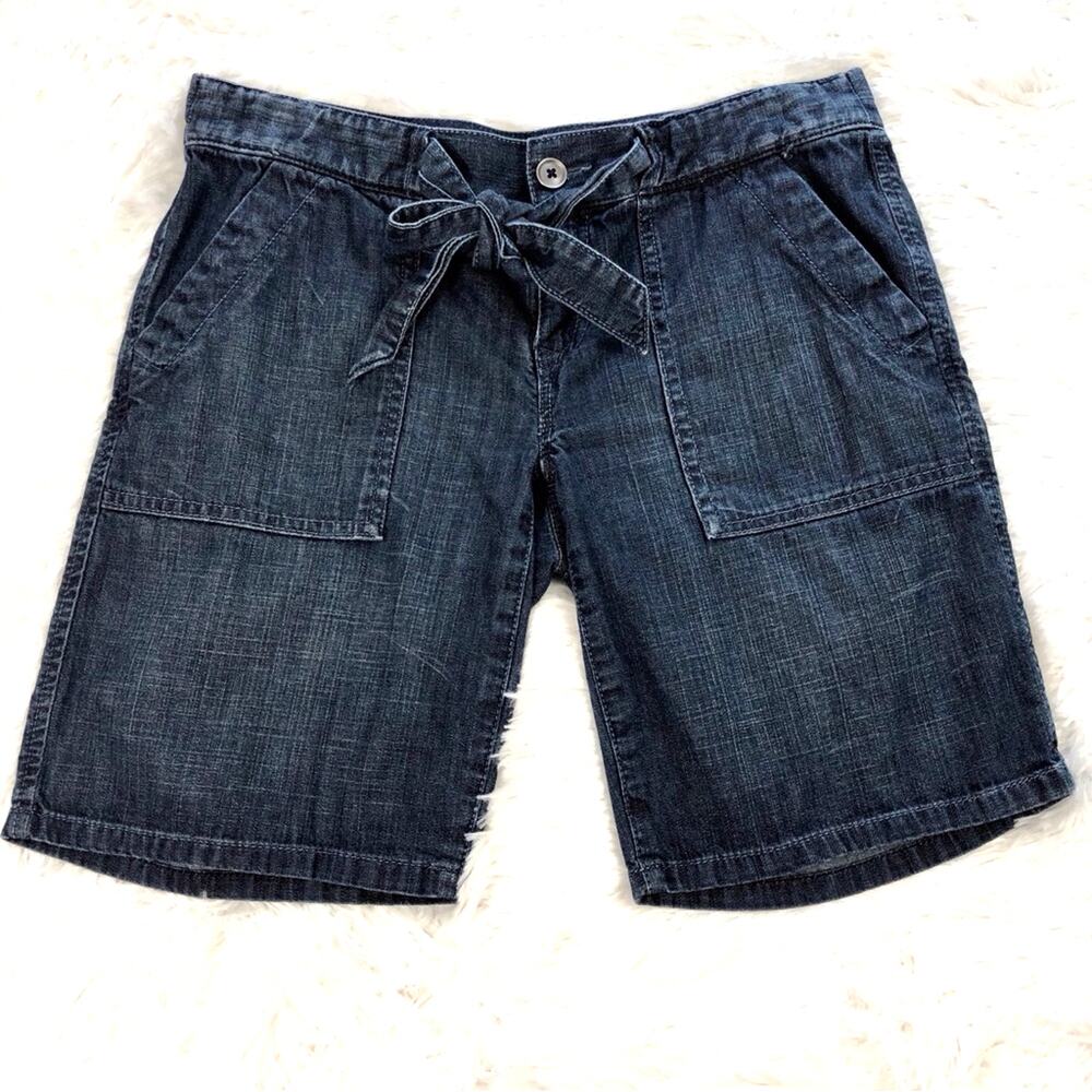 Ann Taylor Loft Dark Denim Shorts Flap Back Pockets Tie Waist Side Pockets